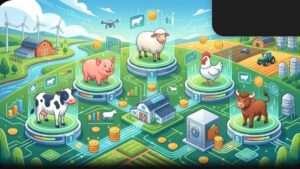 Современная иллюстрация с сельскохозяйственными животными и элементами экономики для статьи о лучших симуляторах животноводства