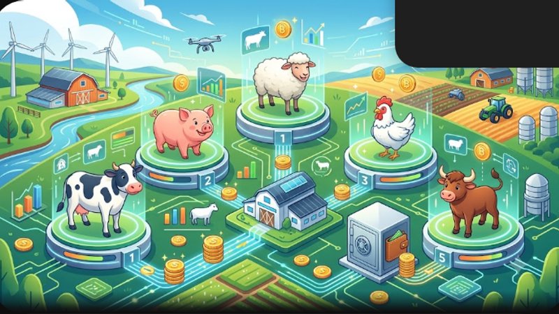 Современная иллюстрация с сельскохозяйственными животными и элементами экономики для статьи о лучших симуляторах животноводства